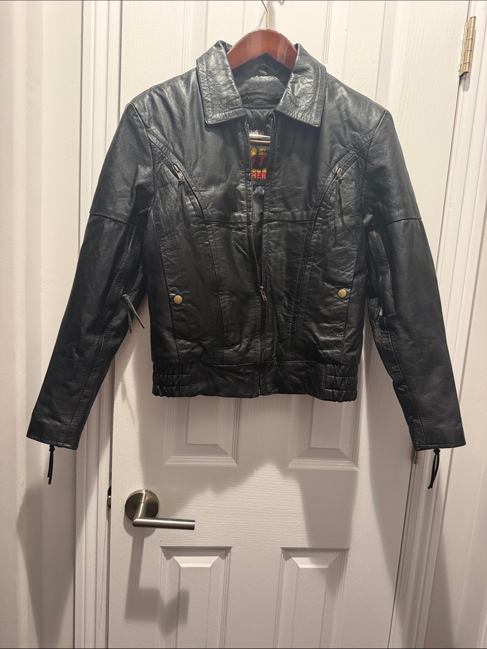 Women's Black Leather Zip Jacket with Snap Pocket Details